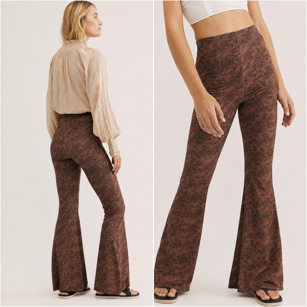 Free‎ People Harper Brown Floral Bell Bottom Pull On Pants Small High Rise Flare